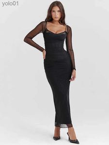 Stedelijke sexy jurken Mozision elegante pure lange sle bodycon maxi-jurk voor dames mode mesh zwarte strapless backless club party sexy jurkL231215