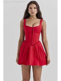 Vestidos sexy urbanos nuevos para mujeres sin mangas cuello cuadrado a-línea mini vestido elegante cinta roja y blanca plegable ultra delgado vestido de verano club de fiesta vestidos c240411