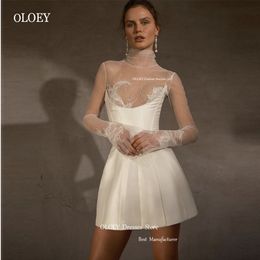 Vestidos sexy urbanos OLOEY 2023 Boda corta Mangas largas Cuello alto Tul Satén grueso Mini vestido de novia Cóctel formal 230909