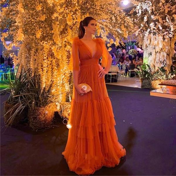 Urban Sexy Dresses Orange Aline Prom Dress Long Sleeve Tulle Multi Layered Evening Vneck Party para mujeres 230606