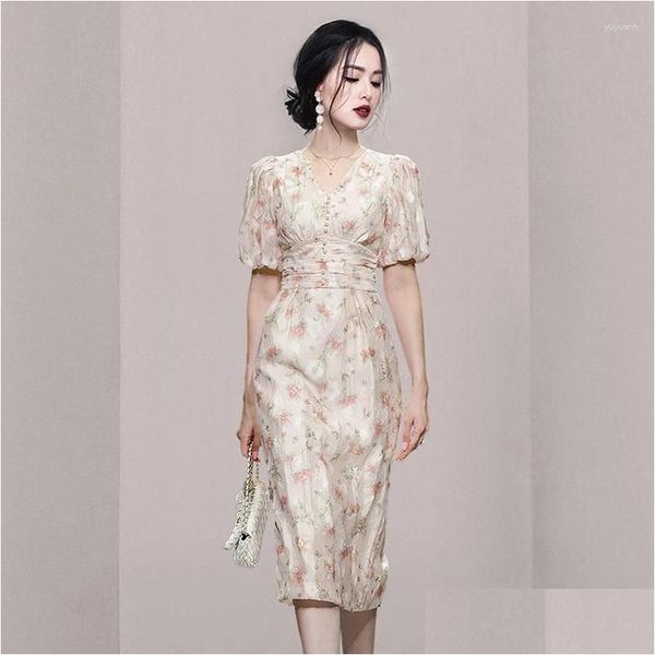 Robes sexy urbaines Party Summer élégant imprimé floral perles robe col en V manches courtes bouffantes bureau dame taille haute robes chic vêtements otqu8