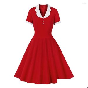Robes sexy urbaines Party Femmes Vintage Robe rouge solide Rétro Rockabilly Col en V Cocktail 1950S 40S Swing Summer Manches courtes Drop de Dhjzw
