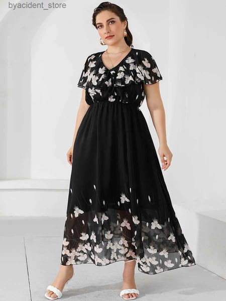 Vestidos sexy urbanos Tallas grandes Vestidos casuales para mujer 2023 Volantes de verano Cuello en V Manga corta Floral Maxi Vestido largo Negro Gasa Boho Vestidos de playa L240309