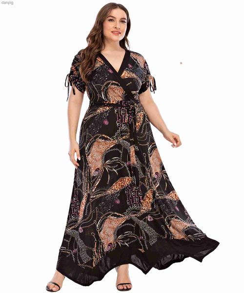 Robes sexy urbaines Robe de grande taille pour femmes 2023 Été Col en V Court Esclave Blanc Noir Rayé Imprimé Robe décontractée Lâche Jupe longue surdimensionnée Y240402