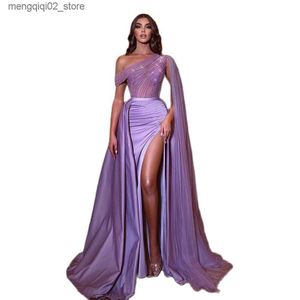 Robes sexy urbaines violet satin sirène bal sans bretelles une épaule avec cape paillettes brillantes appliques fente latérale robes de soirée grande taille formelle Q240307