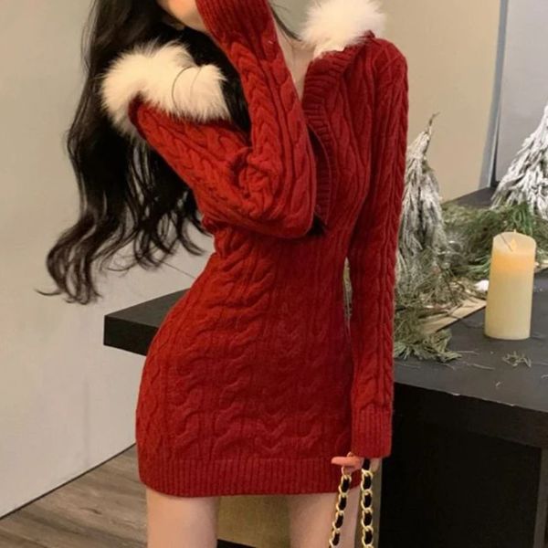 Robes sexy urbaines pull en tricot-tricot robe à capuche femme mince bodycon y2k mini robe fausse fourrure robe femelle coréenne élégante hiver 231215