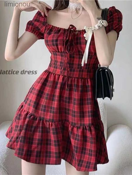 Robes urbaines sexy robe à carreaux rouge robe d'été 2023 nouvelles femmes français classique petite bulle manches douce première jupe d'amour robes vintage 240223