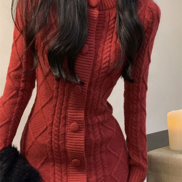 Robes sexy urbaines rouge doux élégant bouton tricoté robe pull femme mince sexy mini robe robe de soirée mode coréenne hiver 231215