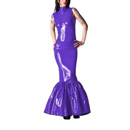 Urban sexy jurken Robe sirene en fiber brillante pour femme cuir PVC brillant robe crayon longue tenue de club de fete rave olympiques de boIte de nuit 231206