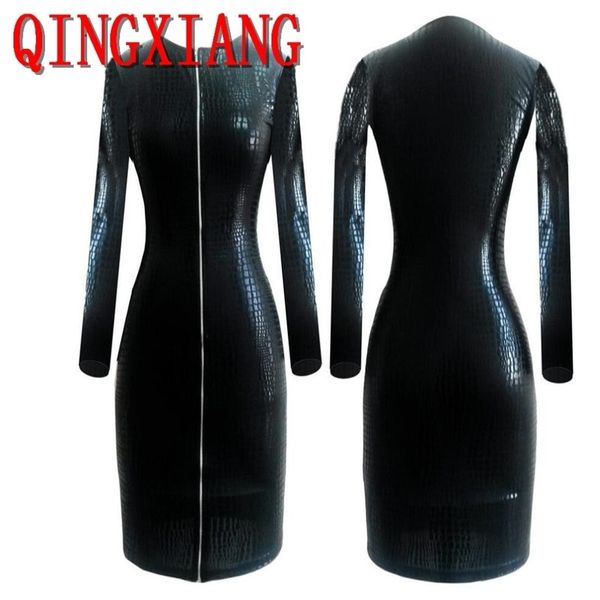 Robes sexy urbaines S3XL Club Faux cuir Dres noir peau de serpent PVC moulante avant fermeture éclair mode manches longues peau de serpent robe serrée 231206