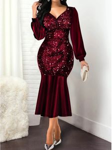 Stedelijke sexy jurken Sequin cocktail midi zwarte jurk lantaarn lange mouw v-hals bodycon feest voor dames kleding 2023 aankomst gewaad 231018