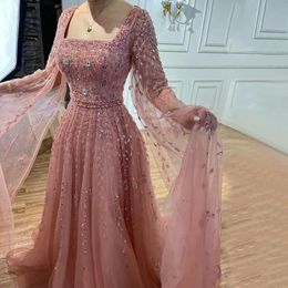 Stedelijke sexy jurken serene hill moslim roze een lijn vierkante kraag kralen luxe dubai avondjurken jurken voor vrouwen trouwfeest la71803a 231017