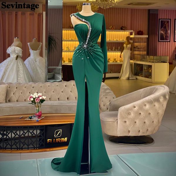 Городские сексуальные платья Sevintage Green Mermaid Arabia Prom Satin Long Sleeves Beaded Formal Evening Dress Pleats Slit Women's Party Gowns 230630