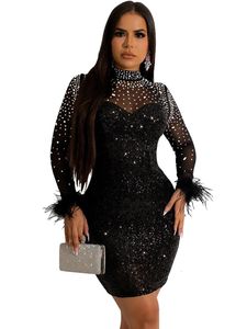 Urban Sexy Dresses Sexy Mesh Sequin Feather Prom Mini vestidos See Through Night Club Outfits Party Sexy Clubwear Diamond Vestido corto 230713