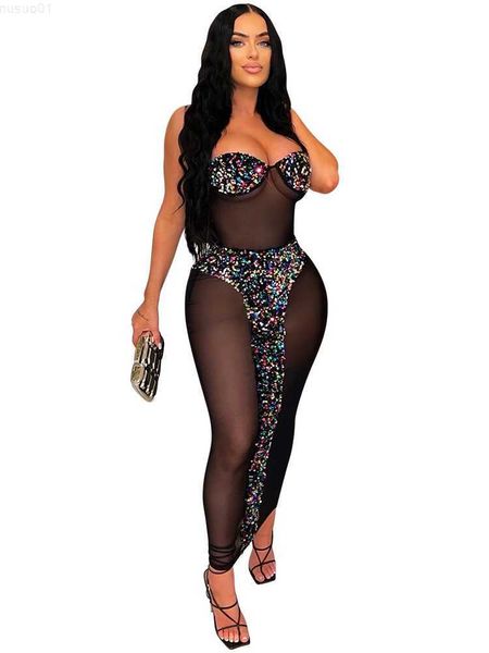 Robes Sexy Urbaines Sexy Mesh Sequin Prom Corset Dress Long Luxury See Through Bretelles Night Club Outfits Robes De Soirée Party Bodycon Maxi Robes L230711