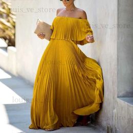Stedelijke sexy jurken sexy off-shoulder geplooide chiffon avondjurk geel maxi elegante losse mode outfits feest dameskleding 2023 nieuwe zomer T231214