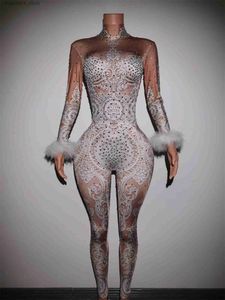 Stedelijke sexy jurken, sexy witte kanten jumpsuit met strass steentjes, vrouw zanger, podium bodysuit, kom feest, unitard, glinsterende stenen outfit, Baileisi L240309