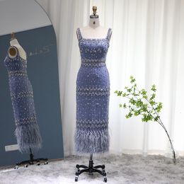 Robes sexy urbaines Sharon Said luxe plumes de cristal Dubai robes de soirée pour les femmes de mariage élégant bleu dentelle Midi arabe robe de soirée formelle S279 230907