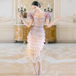 Stedelijke sexy jurken Sharon Said Luxe veren kwastje Lila Dubai Avondjurken voor vrouwen Bruiloft Arabische enkellange midi formele jassen SS379 230907