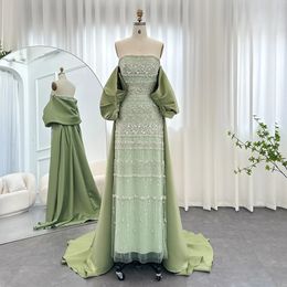 Robes sexy urbaines Sharon Said luxe vert sauge Dubaï 2023 robe de soirée femmes arabes élégante cape bleue perlée robe de bal de mariage SS238 231212