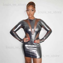 Stedelijke sexy jurken Sheer mesh Pathwork metallic bodycon mini-jurk Y2K Dames sexy o-hals lange mouwen slanke club feestjurken vrouwelijke verjaardagsoutfit T231202