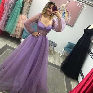 Vestidos sexy urbanos Shimmer Lavender Tulle Prom Puff Mangas largas Sweetheart Bones Vestidos de noche hasta el suelo Vestido formal de mujer yq240327