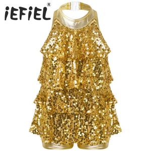 Vestidos atractivos urbanos Lentejuelas brillantes Niños Niñas Halter Ballet Danza Etapa Rendimiento Vestido Shorty Unitard Vestido Jazz moderno Trajes de baile latino 230713