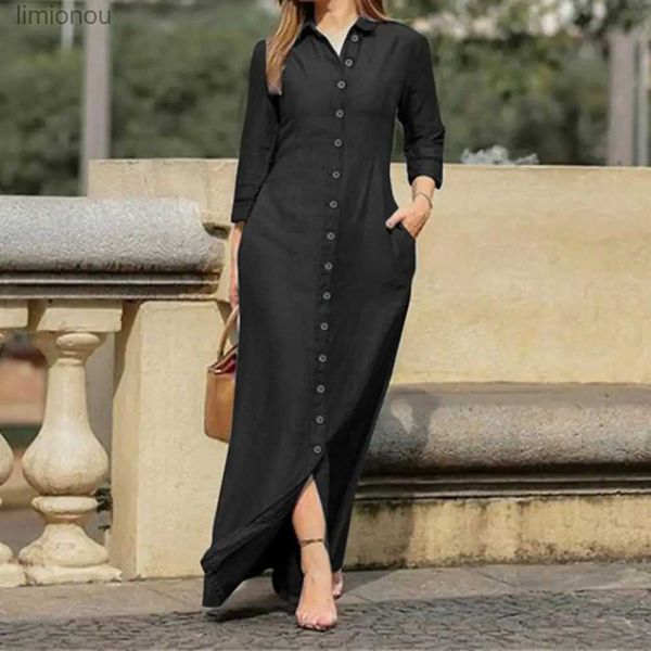 Robes Sexy urbaines robes chemise col rabattu manches 3/4 femmes Robe deux poches simple boutonnage Denim Maxi Robe de soirée robes Robe 240223