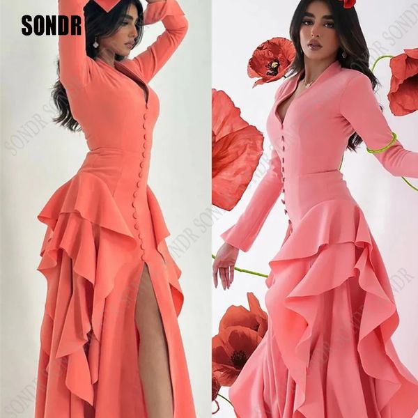 Urban Sexy Dresses SONDR rose bouton col en V à plusieurs niveaux saoudien arabe robes de soirée plis Satin manches longues Dubai robe formelle femmes robes de soirée de bal 231219