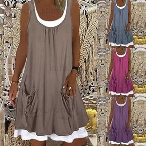 Urban sexy jurken Summer Ladies Fashion Trend Solid Color Pocket Jurk Casual Round Round Neck Sleeve losse knielengte rok T231202