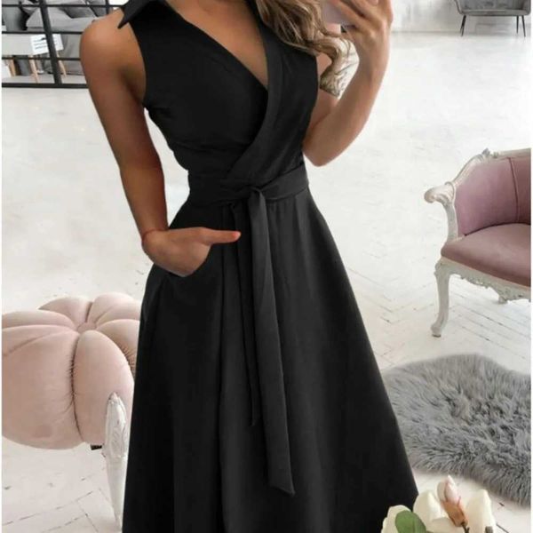 Vestidos sexy urbanos Summer NUEVA LLEGA SOLY SOXY Profunda V-Eck Tunic Belt Belt Black Long Dress Fe Casual Fashion A-Line Women DressesL2312225