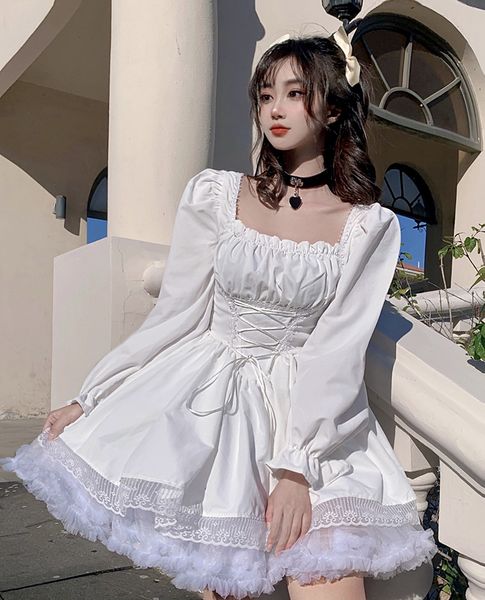 Robes Sexy Urbaines Robe À Manches Bouffantes Douces Femmes Y2K Col Carré Kawaii Dentelle Garniture De Fête Lolita Mignonne Robe De Princesse Blanche Robes De Soirée Élégantes 230703