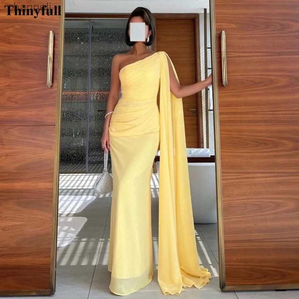 Vestidos sexy urbanos Tinyyfull Mermaid Yellow Chiffon Prom One Shoulder Specail Party Women Gowns Long árabe Formal Vestido de noche YQ240327