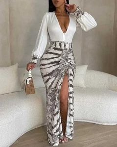 Urban sexy jurken stropdas kleurstof geprint lange naad lange rok voor dames losse diepe v-neck sexy hoge taille lente jurk zomerjurk d240510