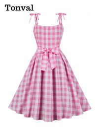 Urban Sexy Dresses Tonval Knot Strap Pink and White Plaid Vestido de mujer Summer Elegant Evening Pinup Vintage Party Vestidos plisados 230807