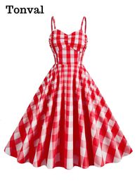 Urban Sexy Jurken Tonval Vintage Gingham Lange Jurk Spaghetti Ruches Front Hoge Taille Vrouwen Zomer Verjaardagsfeestje Retro Swing Jurken 230809