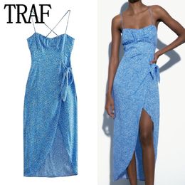 Urban Sexy Jurken TRAF Blue Print Corset Jurk Vrouw Knoop Backless Midi Slip Vrouwen Zomer Lange Voor Avond Party 230630