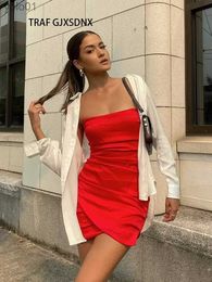 Urban Sexy Dresses TRAF GJXSDNX Mini robe en popeline sexy 2023 été bustier tubulaire serré robe pour femme mode plis rouge streetwear fête robe d'anniversaire 231215