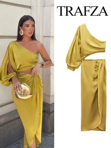 Urban sexy jurken TRAFZA jurk voor dames geel asymmetrisch satijn uitgesneden lange ruches off-shoulder elegante avondfeestjurk 231218