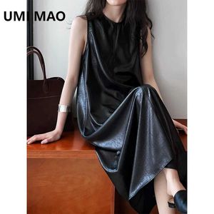 Urban sexy jurken umi mao pu faux lederen jurken glanzende middelste lengte knie lengte pluss jurk elegante luxe gedrapeerde A-lijn vestjurken d240427