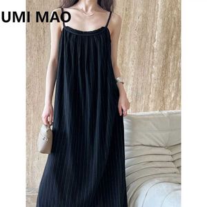 Urban sexy jurken umi mao gestreepte jurk elegant 2024 zomer nieuwe vakantie luie linnen losse textuur sling jurken femme d240427