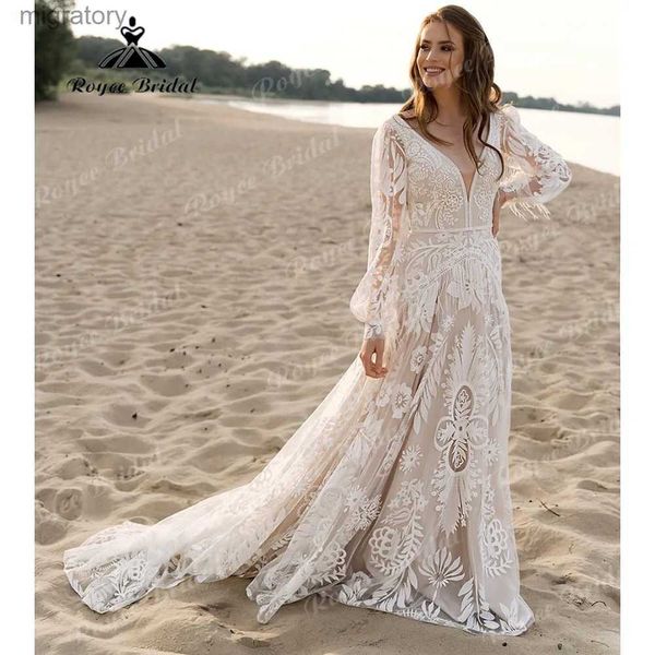 Robes urbaines sexy robe novia bohemio manches longues dentelle Boho Hippie Elopement robe de mariée pour femmes 2024 plage robe de mariée dos ouvert glands yq240329