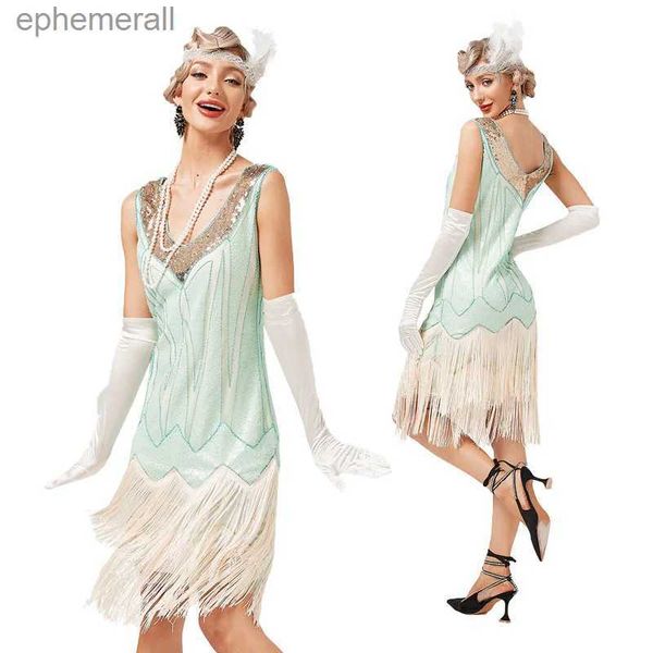 Robes sexy urbaines Vintage des années 1920 Flapper Col en V Double Gland Robe Great Gatsby Cosplay Costume Cocktail Party Charleston Danse Sequin Stud yq240330