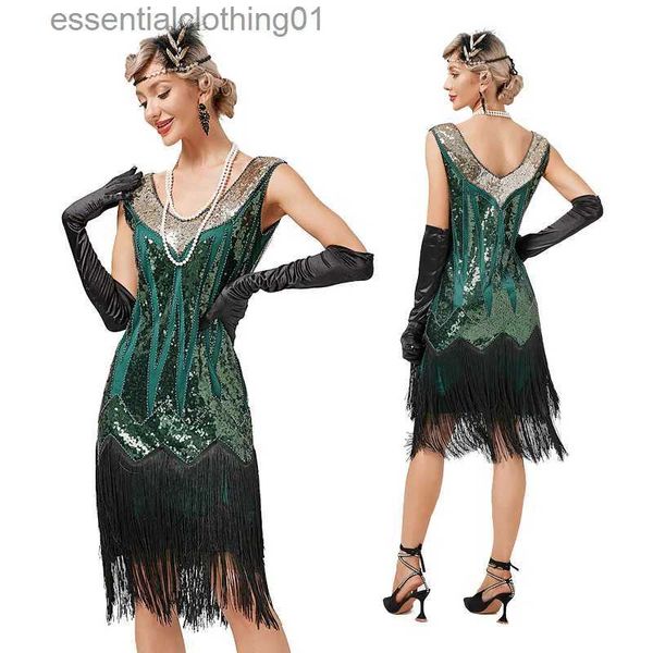 Robes sexy urbaines Vintage des années 1920 Flapper Col en V Double Gland Robe Great Gatsby Cosplay Come Cocktail Party Charleston Dance Sequin d Dress L231208