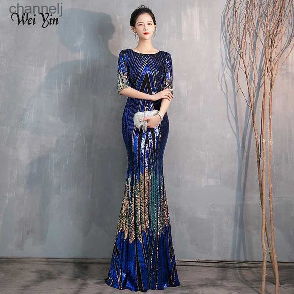 Robes sexy urbaines wei yin AE0370 robe de soirée bleue longue scintillante demi manches col rond femmes élégantes paillettes sirène Maxi robe de soirée yq240327