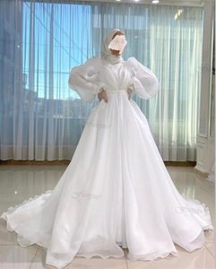 Robes sexy urbaines Robes blanches De Novia Robe de mariée musulmane pour femmes 2023 Mariée Organza Col haut Islamique Hijab Robe de mariée Manches bouffantes 230828