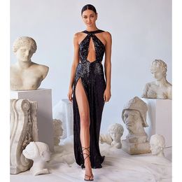 Robes sexy urbaines femme haute qualité luxe licou cou sexy paillettes fente latérale dos nu noir vacances brillant soirée robe de soirée cocktail 231123