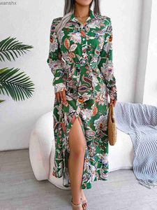 Urban sexy jurken vrouwen casual bloemenprint kraag lange mouw maxi shirt jurk2404