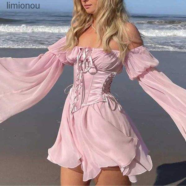 Robes sexy urbaines femmes en mousseline de soie mini robe chic bandage corset ceinture fée vintage manches longues bouffantes robe d'été col oblique demoiselle d'honneur moulante plage 240229