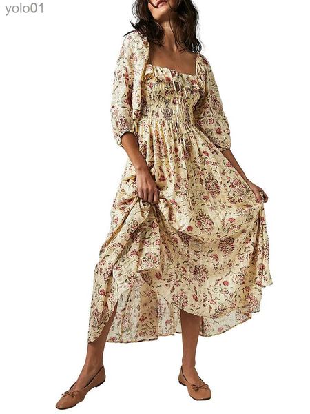 Robes sexy urbaines femmes robe trapèze florale Swing longue robe Boho longue Sle col carré robe de soirée automne fluide plage fleur robes à plusieurs niveauxL231215